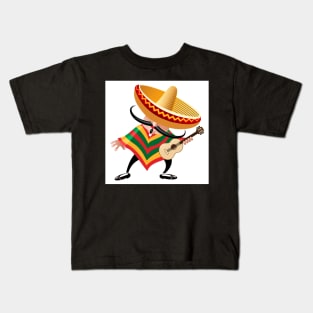 mexican musician in sombrero with guitar drawn in cartoon style Kids T-Shirt